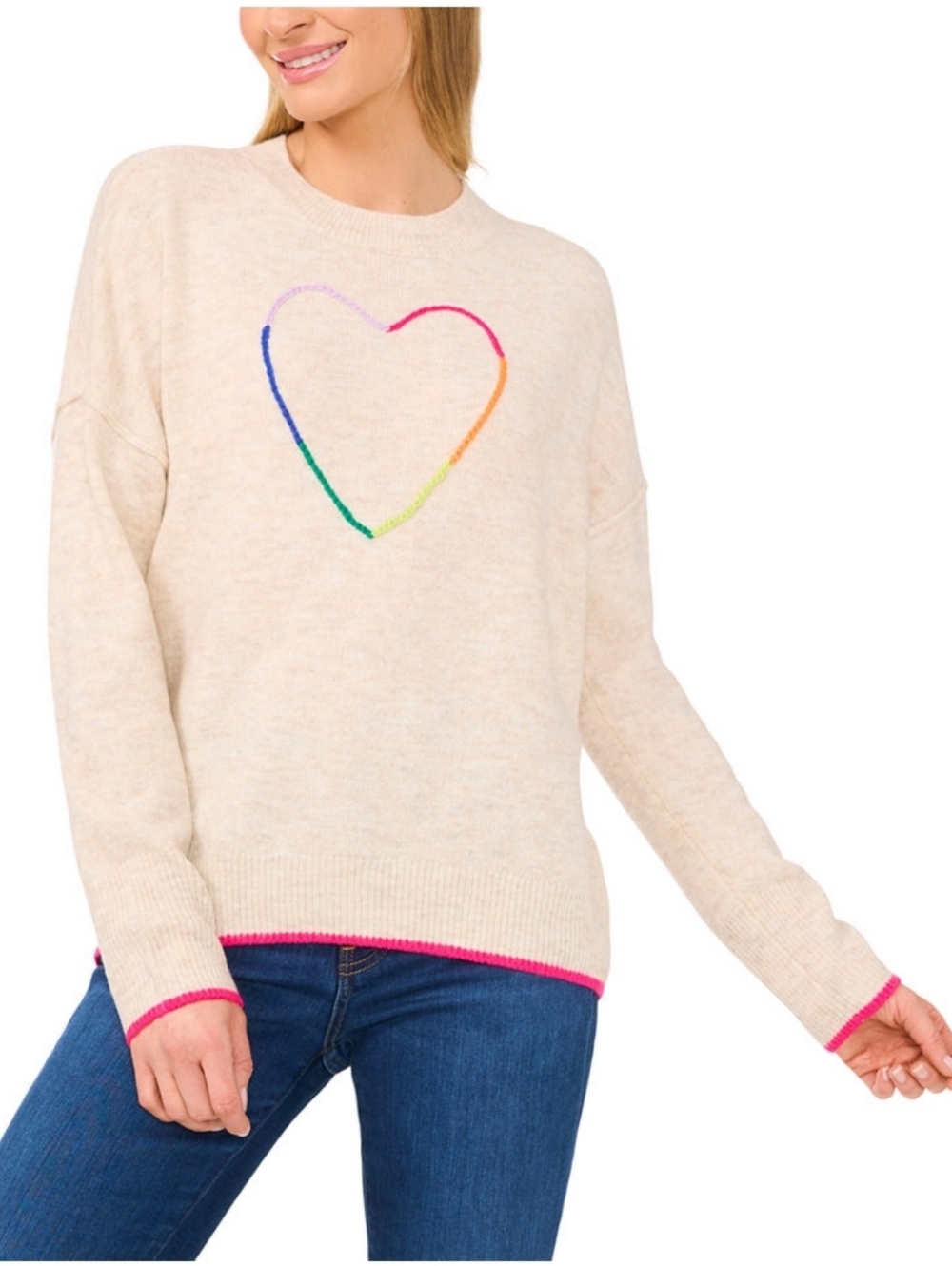 CeCe Cream Crewneck Sweater with Rainbow Heart Stitch
